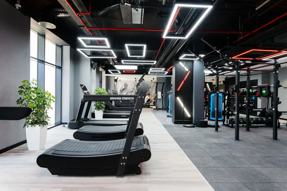 Cardio zone: treadmills along the windows