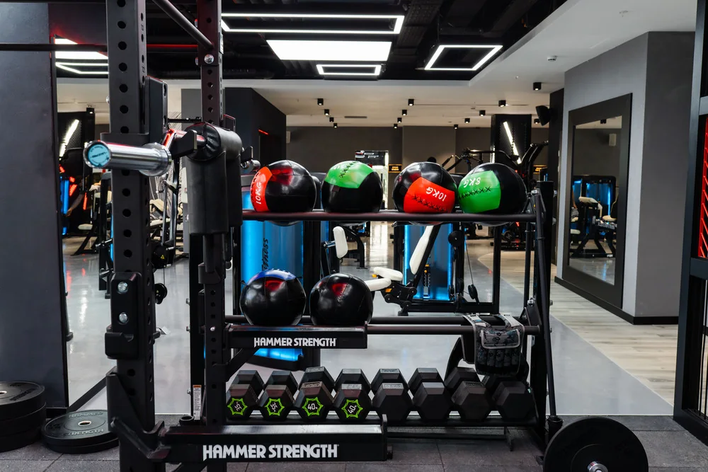 אזור הכוח: מתקני Hammer Strength ושורת משקולות